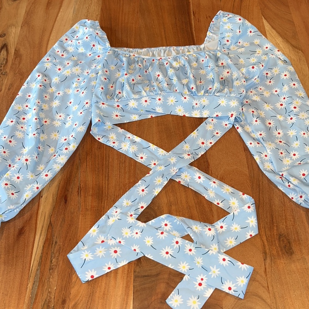 Long Sleeve Floral Crop Top Blouse with Tie Blue Red Yellow - Picture 6 of 10